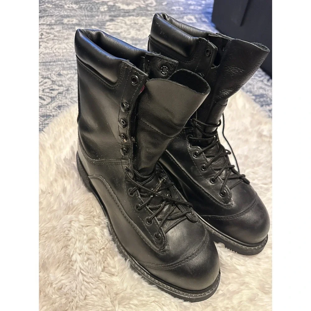 VIBRAM Black Leather Logger Work Boots Lace Up Round Toe Tall Motorcycle